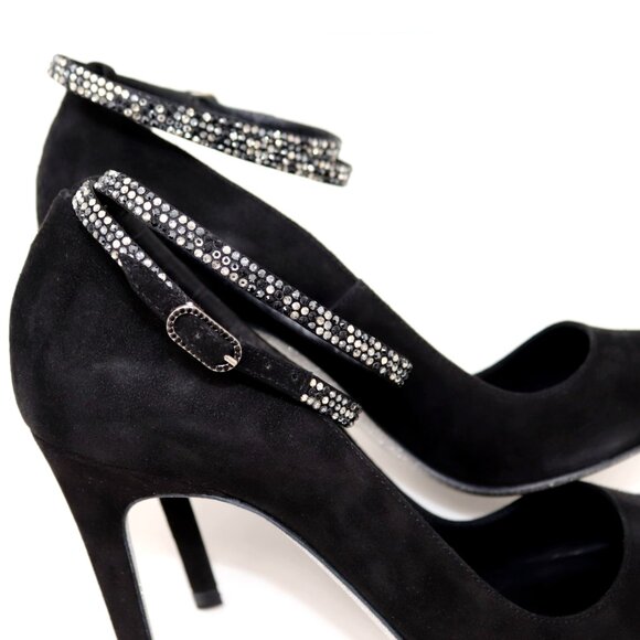 René Caovilla NEW 38 Black Suede Fabulosity Swarovski Crystal Ankle Wrap Heels - Picture 14 of 16